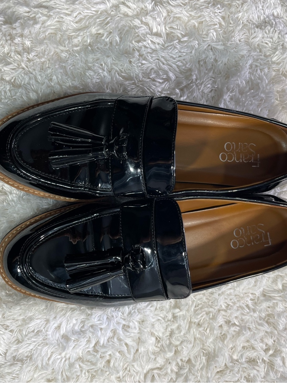Franco Sarto Black Patent Tassel Loafers with Tan Interior